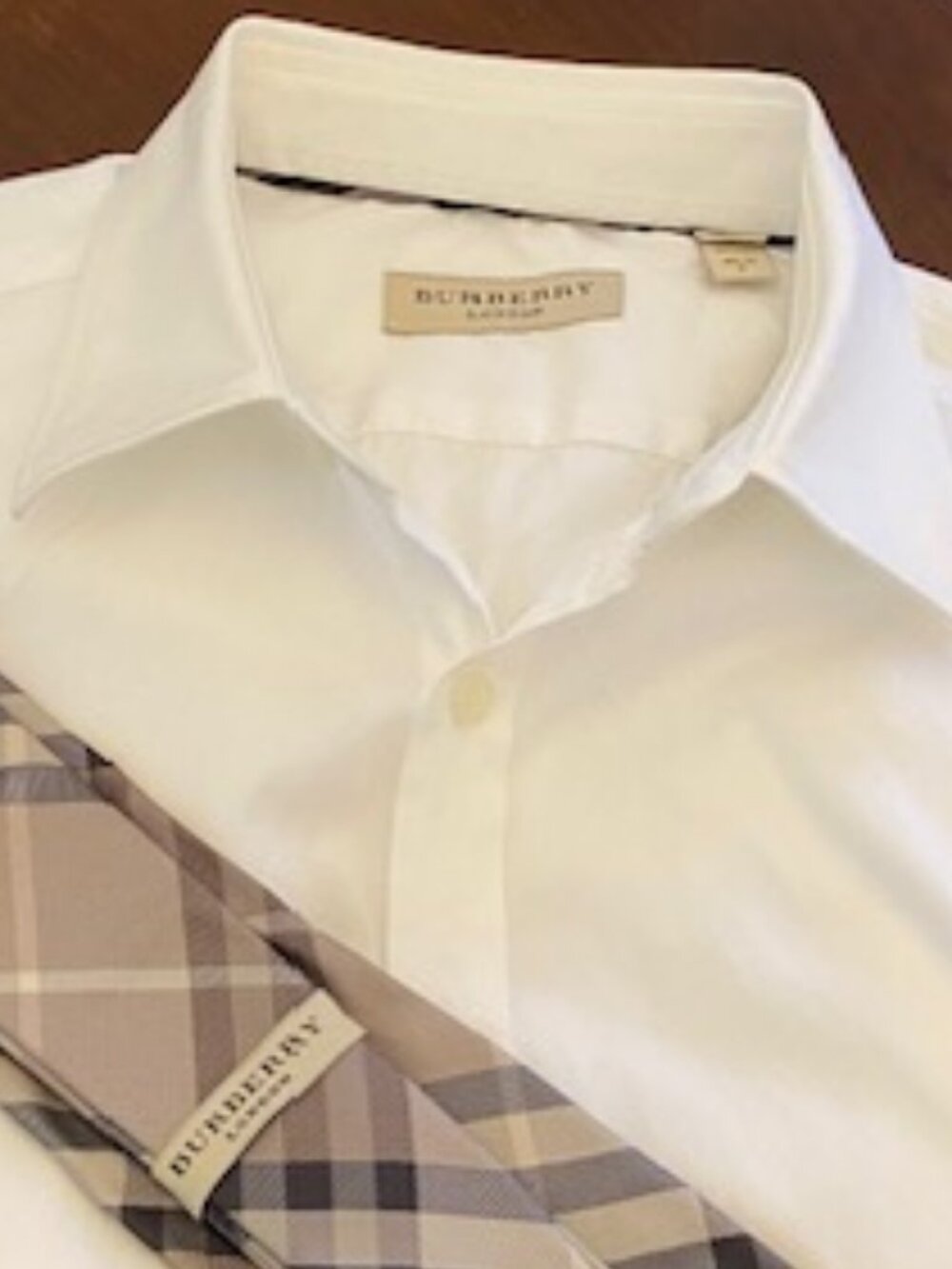 BURBERRY Cotton Dress Shirt Men's Sz. M. with Burberry Plaid Piping- Excellent C